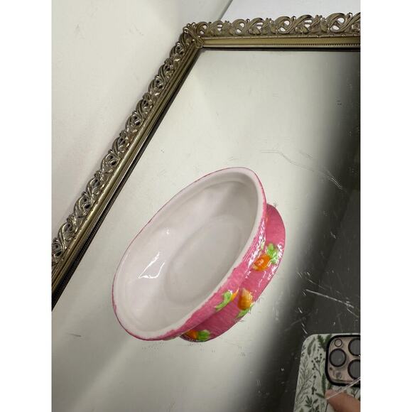 Vintage Trinket Box Pink Easter Egg Shaped Bunny Rabbits Top 4" Tall Ceramic - Picture 4 of 10